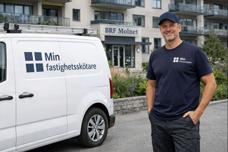Professionell fastighetsskötare i ett modernt trapphus
